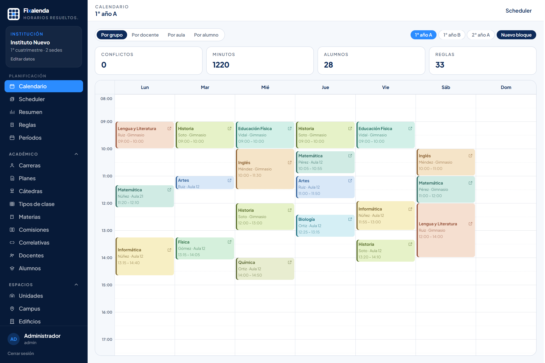 Horario semanal resuelto en Fixalenda